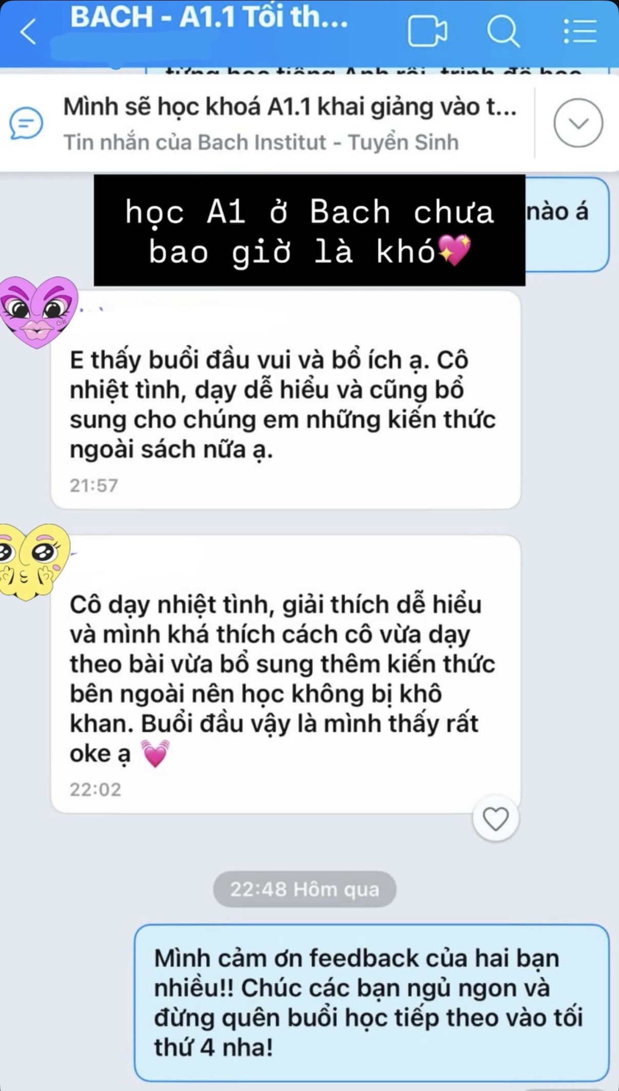 Tin nhắn học viên A1.1 feedback buổi đầu