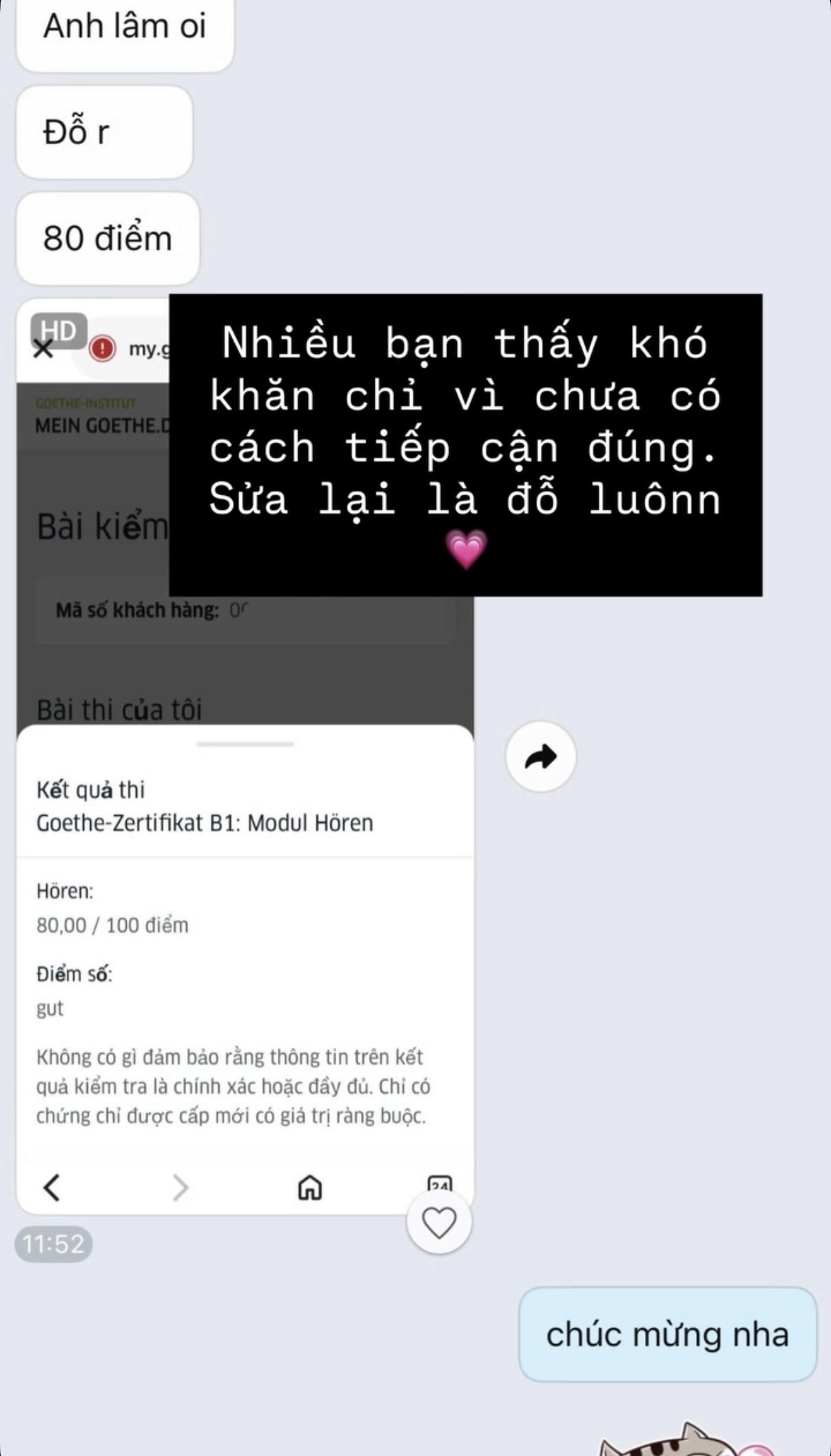 Kết quả Goethe-Zertifikat B1 Modul Hören 80/100