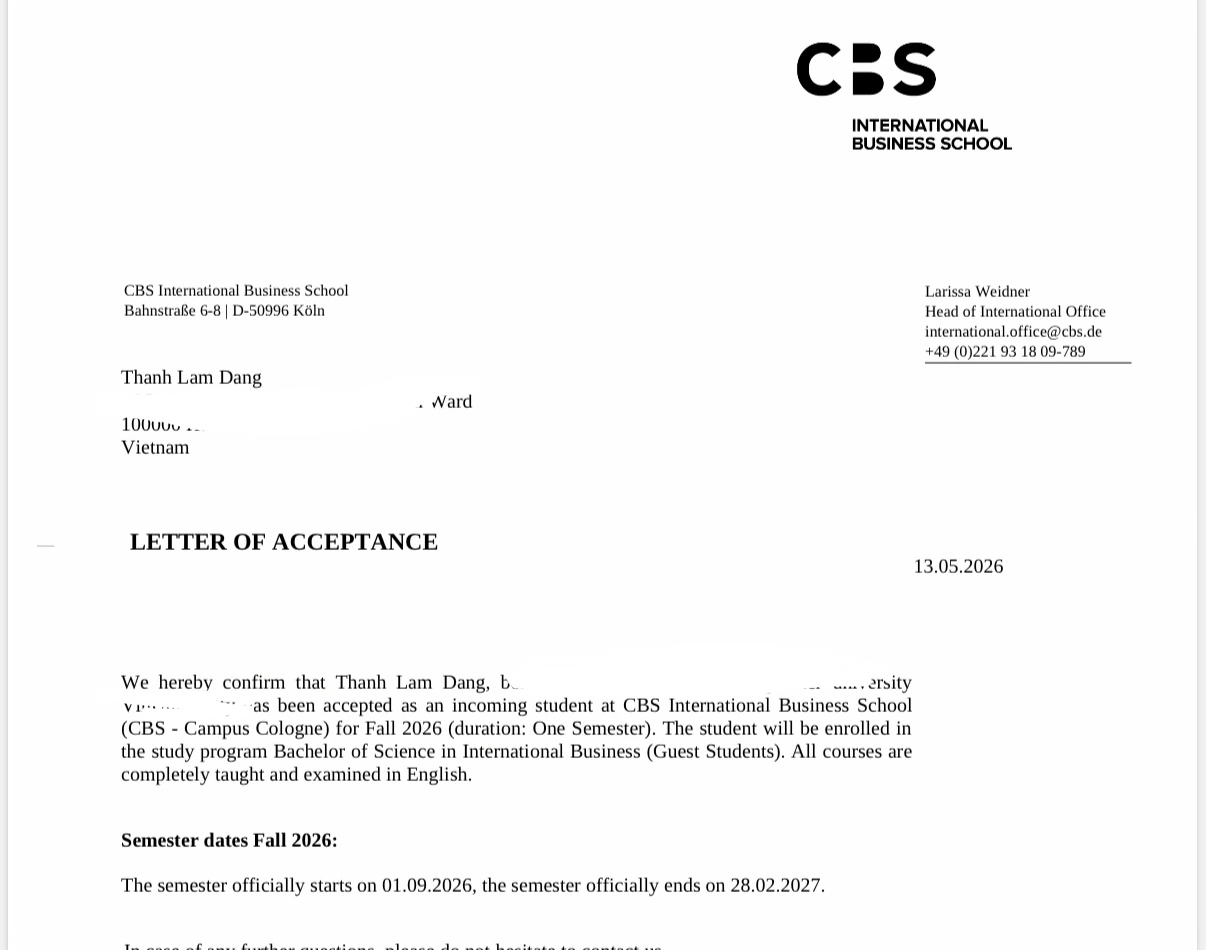 Letter of Acceptance, CBS International Business School Köln