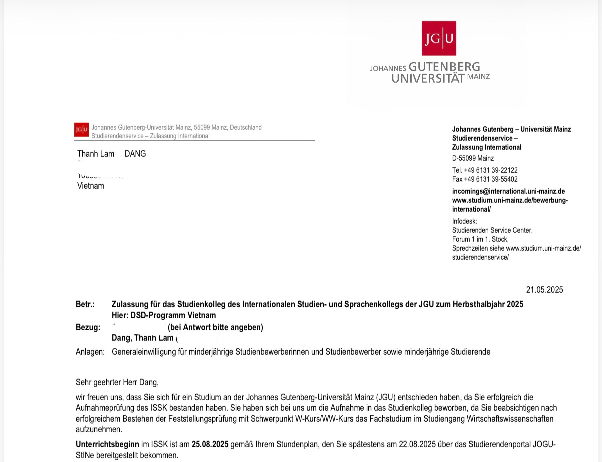 Thư trúng tuyển Studienkolleg JGU Mainz