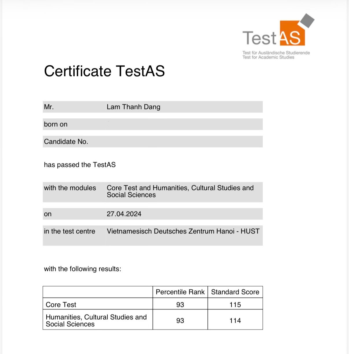 Chứng chỉ TestAS