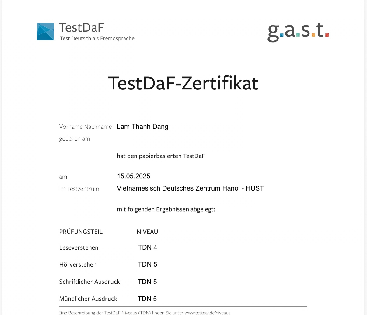 Chứng chỉ TestDaF, TDN 5